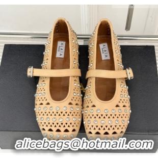 Durable Alaia Ballet Flats in Openwork Leather with Eyelet with Strass Apricot 2026 AL102910 1029142