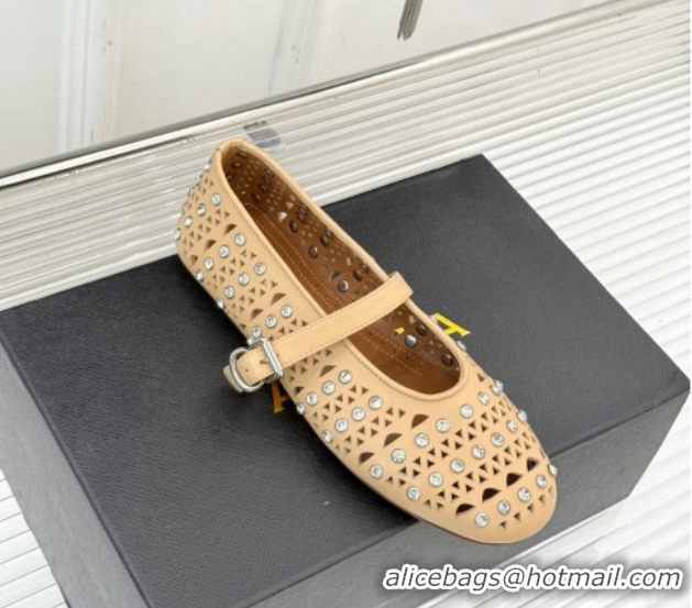 Durable Alaia Ballet Flats in Openwork Leather with Eyelet with Strass Apricot 2026 AL102910 1029142