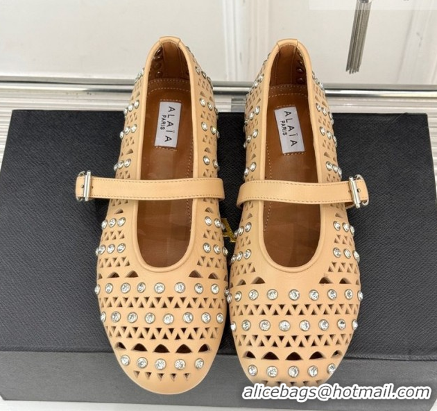Durable Alaia Ballet Flats in Openwork Leather with Eyelet with Strass Apricot 2026 AL102910 1029142