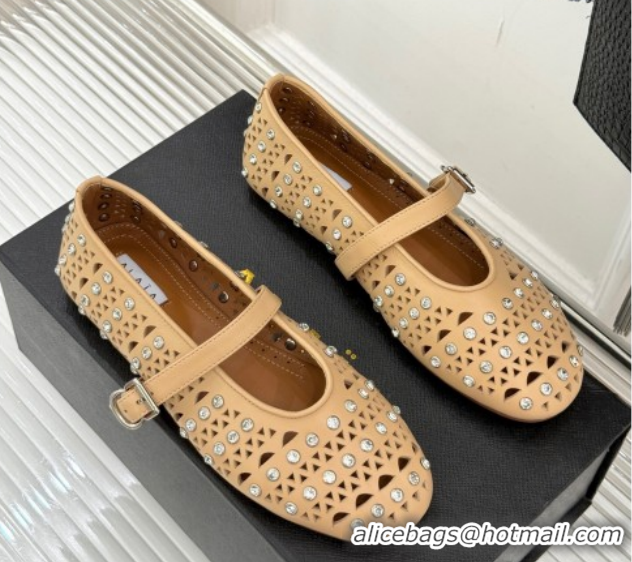Durable Alaia Ballet Flats in Openwork Leather with Eyelet with Strass Apricot 2026 AL102910 1029142