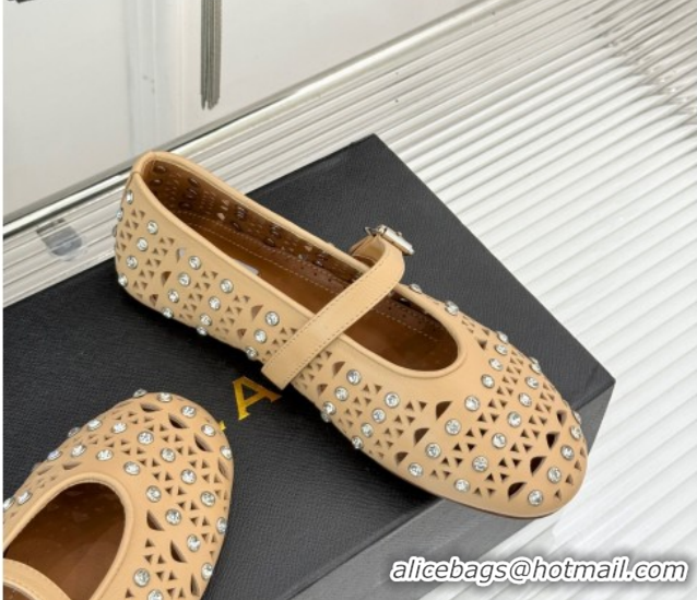 Durable Alaia Ballet Flats in Openwork Leather with Eyelet with Strass Apricot 2026 AL102910 1029142