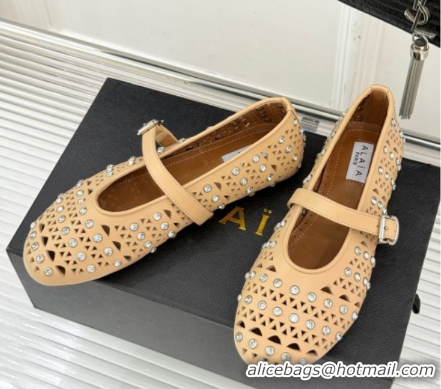 Durable Alaia Ballet Flats in Openwork Leather with Eyelet with Strass Apricot 2026 AL102910 1029142