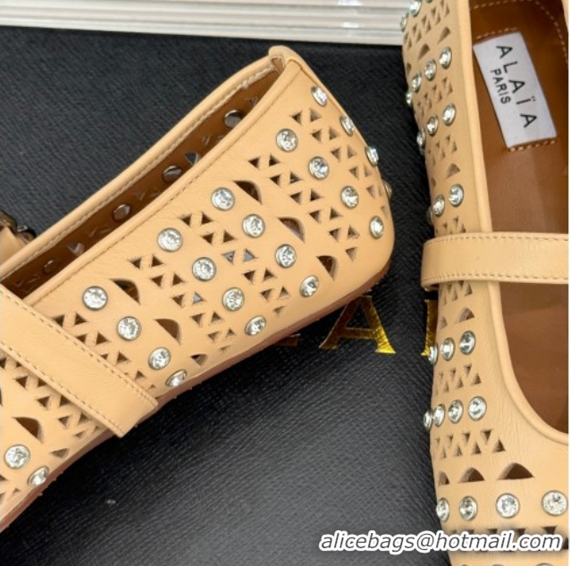 Durable Alaia Ballet Flats in Openwork Leather with Eyelet with Strass Apricot 2026 AL102910 1029142