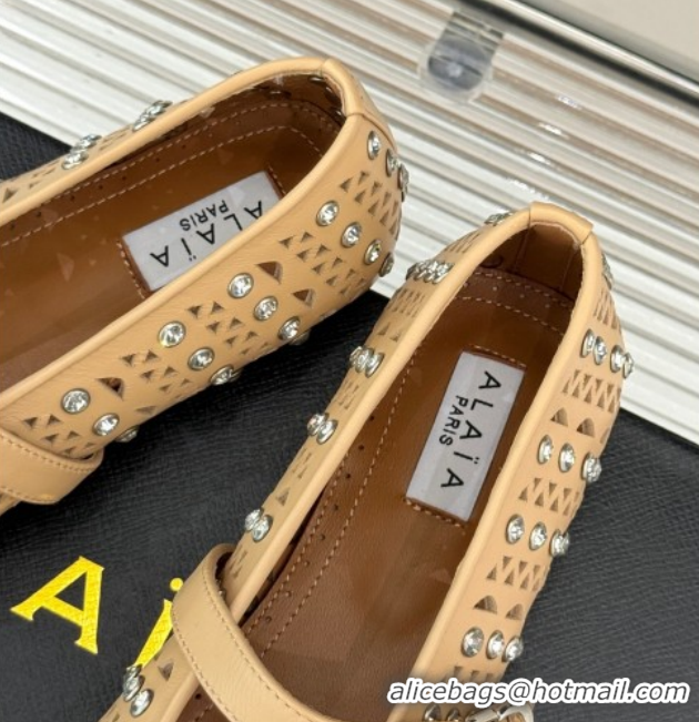 Durable Alaia Ballet Flats in Openwork Leather with Eyelet with Strass Apricot 2026 AL102910 1029142