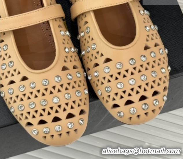 Durable Alaia Ballet Flats in Openwork Leather with Eyelet with Strass Apricot 2026 AL102910 1029142