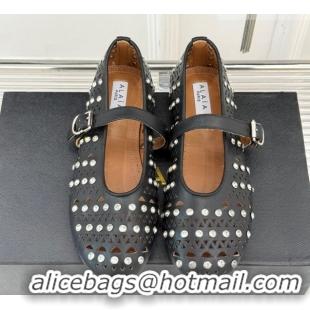 Cheap Price Alaia Ballet Flats in Openwork Leather with Eyelet with Strass Black 2026 AL102910 1029143