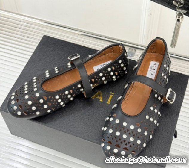 Cheap Price Alaia Ballet Flats in Openwork Leather with Eyelet with Strass Black 2026 AL102910 1029143