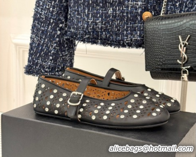 Cheap Price Alaia Ballet Flats in Openwork Leather with Eyelet with Strass Black 2026 AL102910 1029143