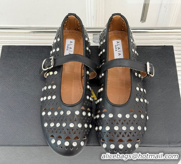 Cheap Price Alaia Ballet Flats in Openwork Leather with Eyelet with Strass Black 2026 AL102910 1029143
