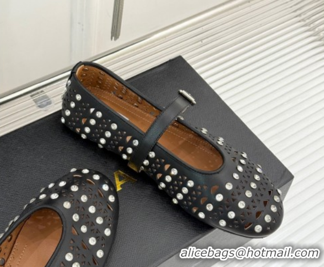 Cheap Price Alaia Ballet Flats in Openwork Leather with Eyelet with Strass Black 2026 AL102910 1029143