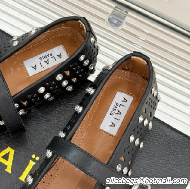 Cheap Price Alaia Ballet Flats in Openwork Leather with Eyelet with Strass Black 2026 AL102910 1029143