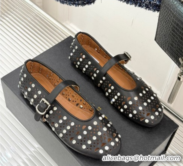 Cheap Price Alaia Ballet Flats in Openwork Leather with Eyelet with Strass Black 2026 AL102910 1029143