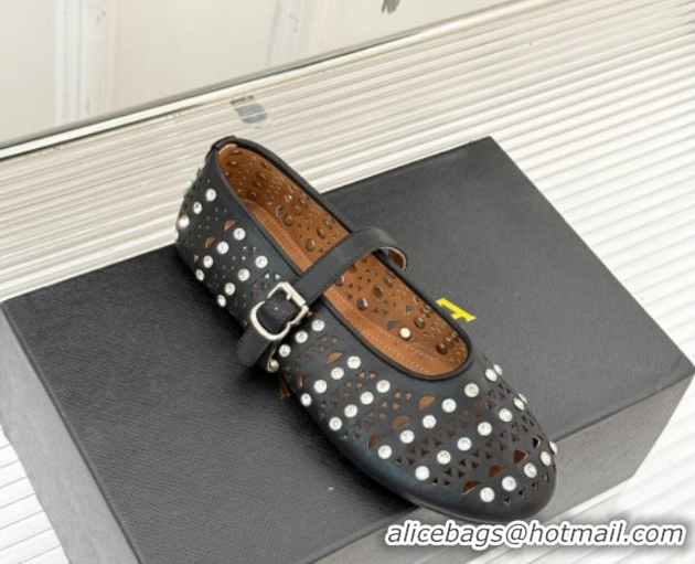 Cheap Price Alaia Ballet Flats in Openwork Leather with Eyelet with Strass Black 2026 AL102910 1029143