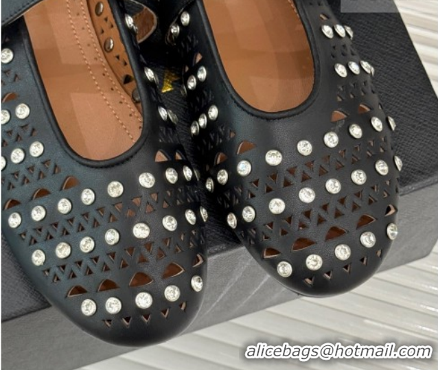Cheap Price Alaia Ballet Flats in Openwork Leather with Eyelet with Strass Black 2026 AL102910 1029143