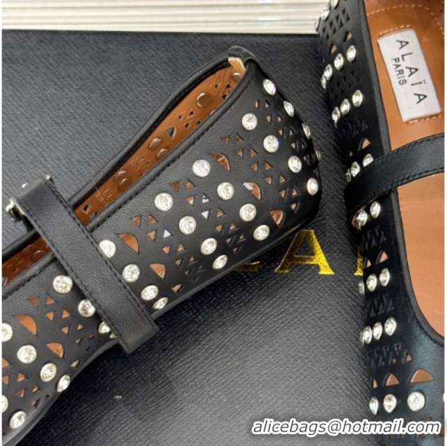 Cheap Price Alaia Ballet Flats in Openwork Leather with Eyelet with Strass Black 2026 AL102910 1029143
