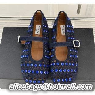 Charming Alaia Ballet Flats in Openwork Suede with Eyelet with Strass Blue 2026 AL102910 1029144