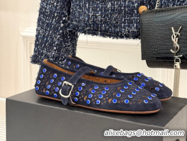 Charming Alaia Ballet Flats in Openwork Suede with Eyelet with Strass Blue 2026 AL102910 1029144
