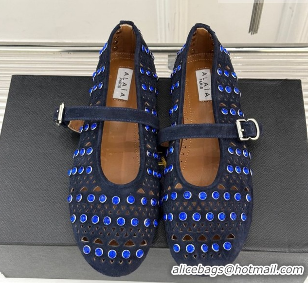 Charming Alaia Ballet Flats in Openwork Suede with Eyelet with Strass Blue 2026 AL102910 1029144