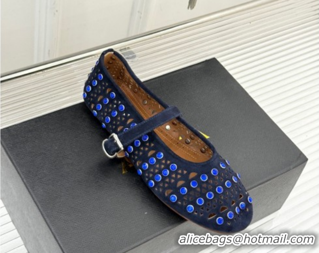 Charming Alaia Ballet Flats in Openwork Suede with Eyelet with Strass Blue 2026 AL102910 1029144