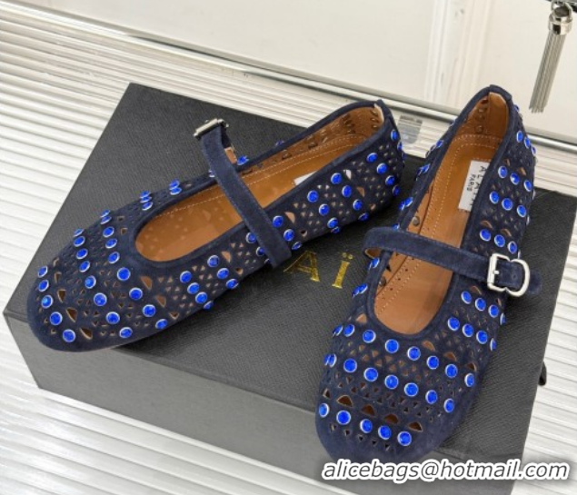 Charming Alaia Ballet Flats in Openwork Suede with Eyelet with Strass Blue 2026 AL102910 1029144