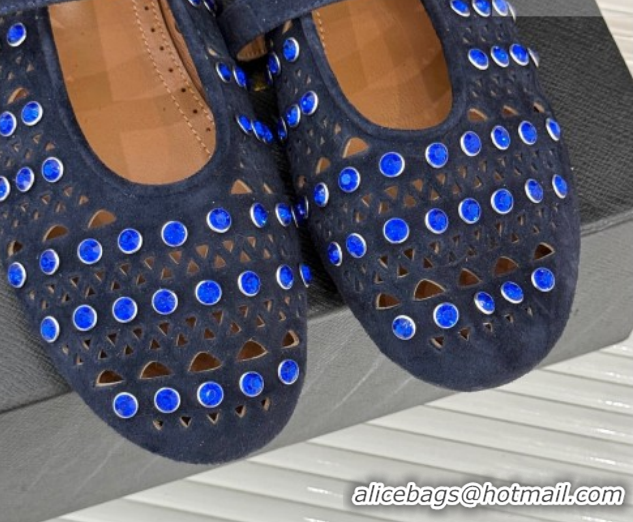Charming Alaia Ballet Flats in Openwork Suede with Eyelet with Strass Blue 2026 AL102910 1029144