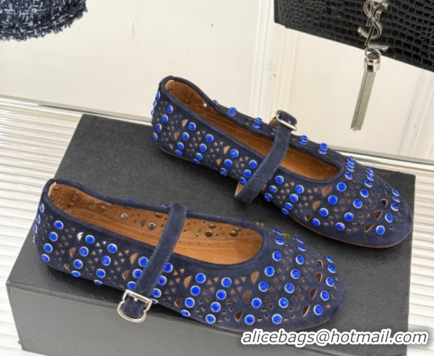 Charming Alaia Ballet Flats in Openwork Suede with Eyelet with Strass Blue 2026 AL102910 1029144