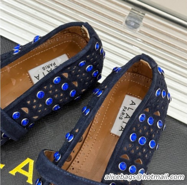 Charming Alaia Ballet Flats in Openwork Suede with Eyelet with Strass Blue 2026 AL102910 1029144