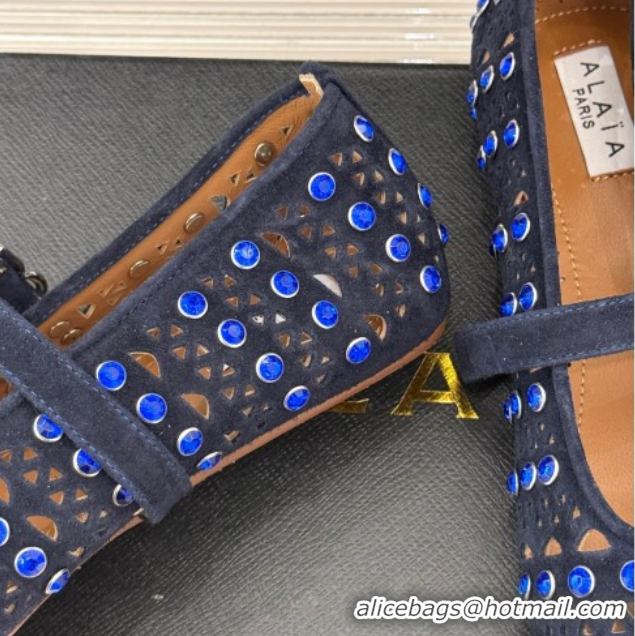 Charming Alaia Ballet Flats in Openwork Suede with Eyelet with Strass Blue 2026 AL102910 1029144