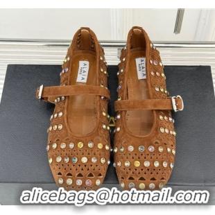 Hot Style Alaia Ballet Flats in Openwork Suede with Eyelet with Strass Camel 2026 AL102910 1029145