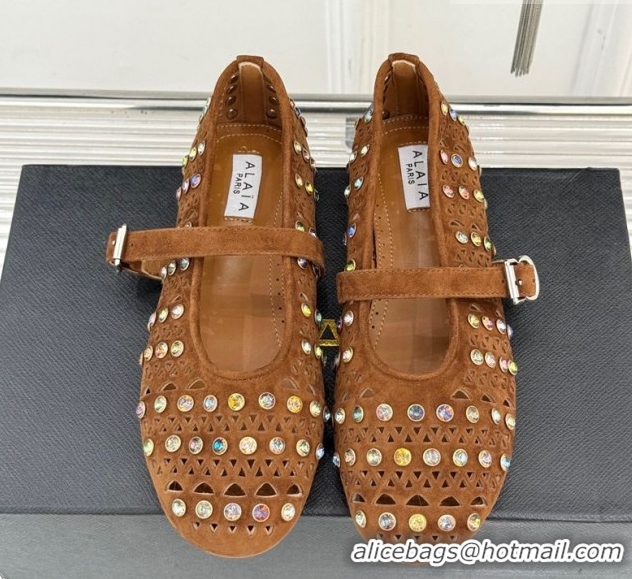 Hot Style Alaia Ballet Flats in Openwork Suede with Eyelet with Strass Camel 2026 AL102910 1029145