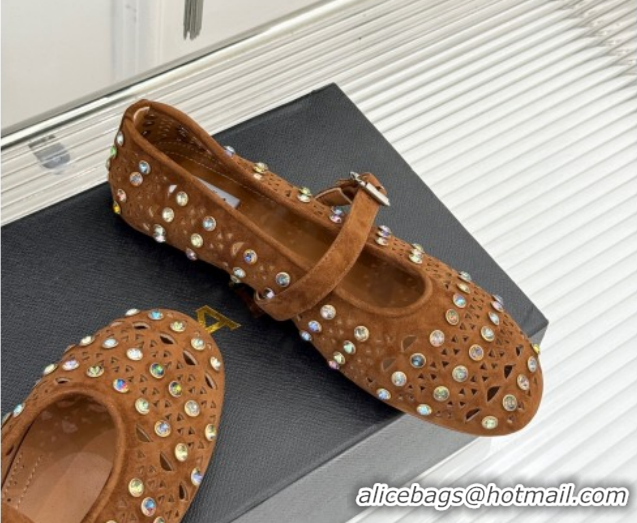 Hot Style Alaia Ballet Flats in Openwork Suede with Eyelet with Strass Camel 2026 AL102910 1029145