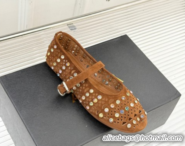 Hot Style Alaia Ballet Flats in Openwork Suede with Eyelet with Strass Camel 2026 AL102910 1029145