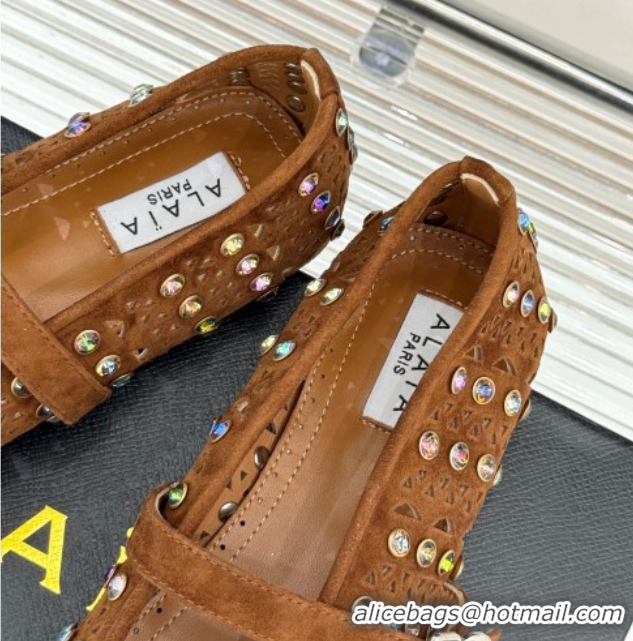 Hot Style Alaia Ballet Flats in Openwork Suede with Eyelet with Strass Camel 2026 AL102910 1029145