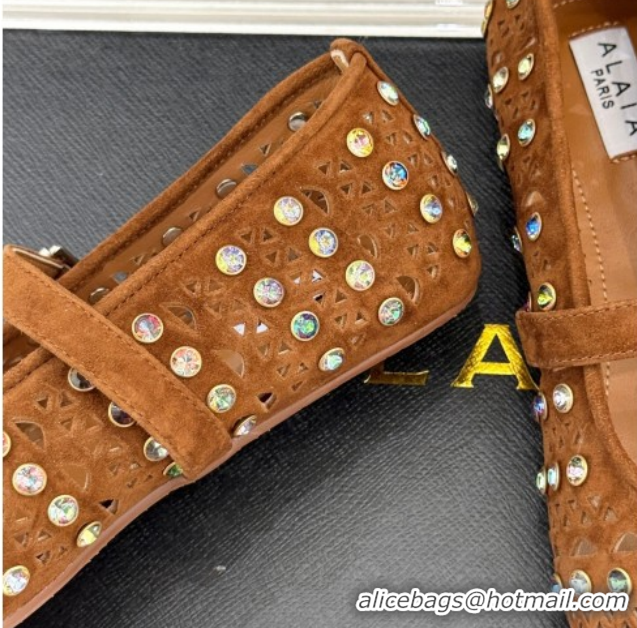 Hot Style Alaia Ballet Flats in Openwork Suede with Eyelet with Strass Camel 2026 AL102910 1029145