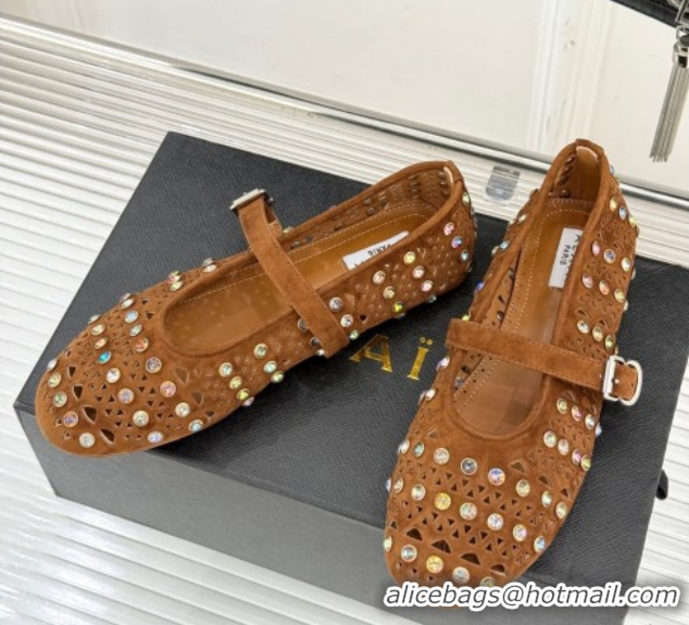 Hot Style Alaia Ballet Flats in Openwork Suede with Eyelet with Strass Camel 2026 AL102910 1029145