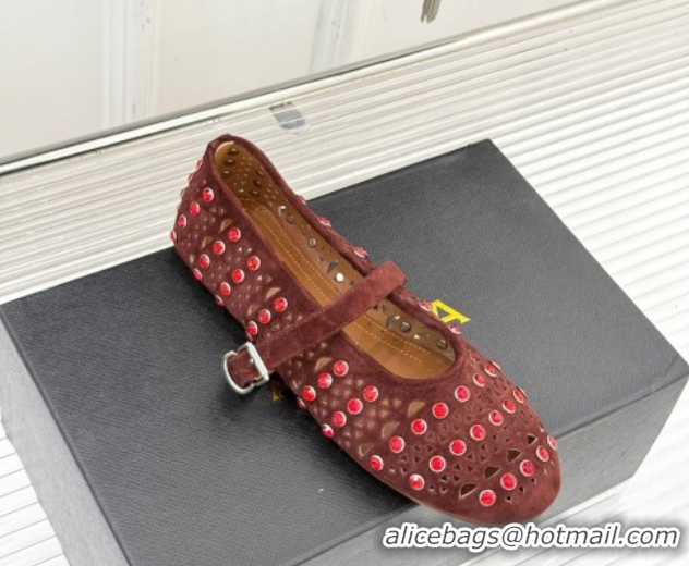 Good Quality Alaia Ballet Flats in Openwork Suede with Eyelet with Strass Dark Brown 2026 AL102910 1029146