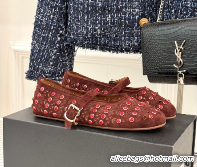 Good Quality Alaia Ballet Flats in Openwork Suede with Eyelet with Strass Dark Brown 2026 AL102910 1029146
