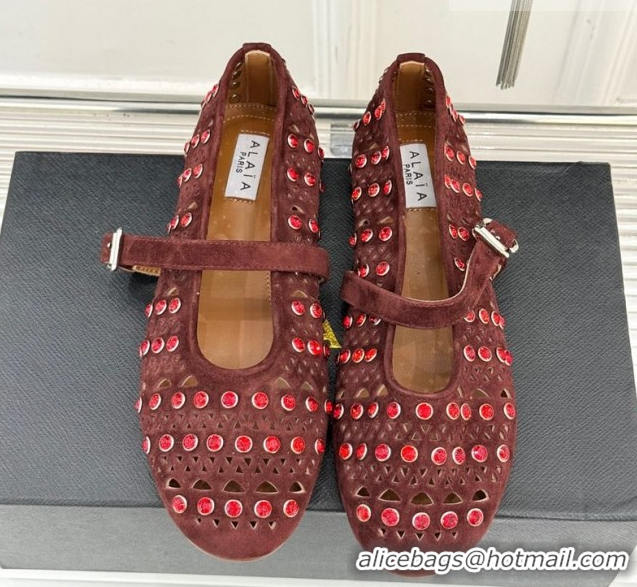 Good Quality Alaia Ballet Flats in Openwork Suede with Eyelet with Strass Dark Brown 2026 AL102910 1029146