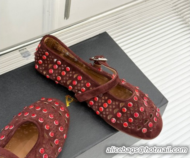Good Quality Alaia Ballet Flats in Openwork Suede with Eyelet with Strass Dark Brown 2026 AL102910 1029146
