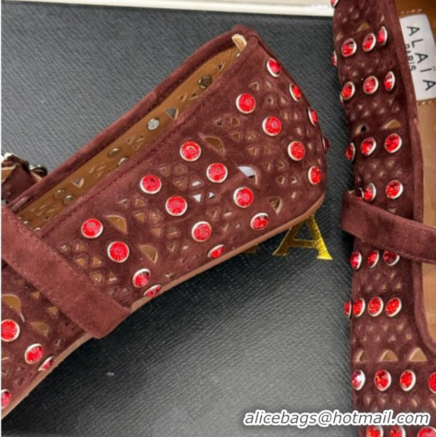 Good Quality Alaia Ballet Flats in Openwork Suede with Eyelet with Strass Dark Brown 2026 AL102910 1029146
