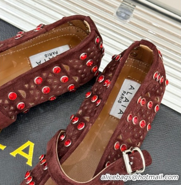 Good Quality Alaia Ballet Flats in Openwork Suede with Eyelet with Strass Dark Brown 2026 AL102910 1029146