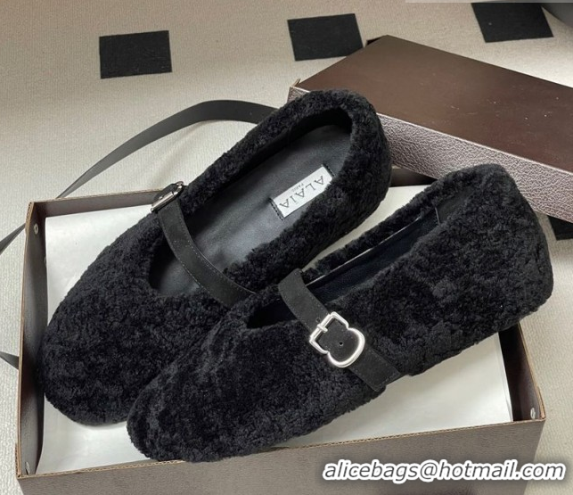 Classic Hot Alaia Ballet Flats in Shearling Wool Black 2026 AL102911 1029147