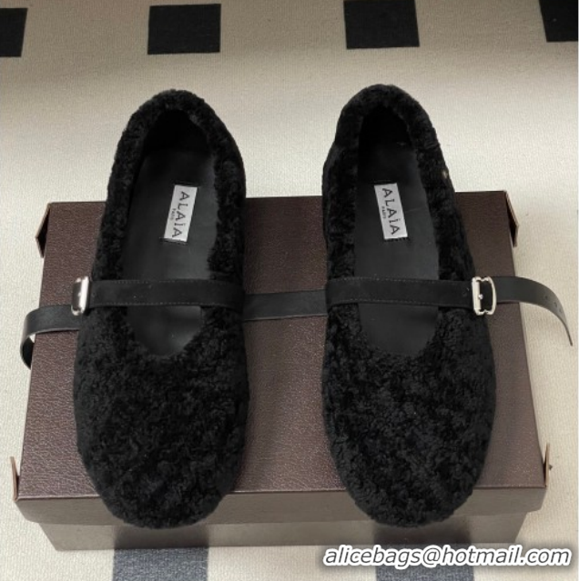 Classic Hot Alaia Ballet Flats in Shearling Wool Black 2026 AL102911 1029147