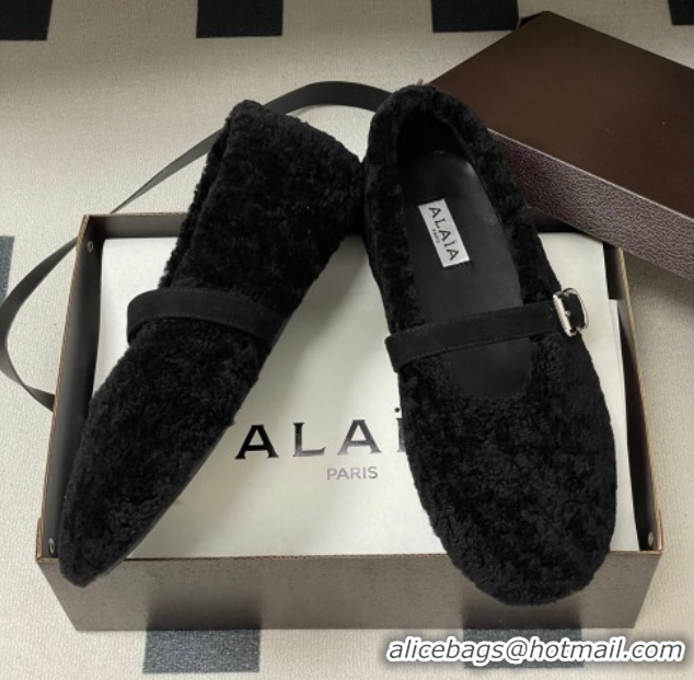 Classic Hot Alaia Ballet Flats in Shearling Wool Black 2026 AL102911 1029147