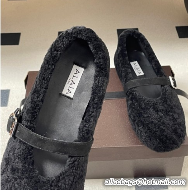Classic Hot Alaia Ballet Flats in Shearling Wool Black 2026 AL102911 1029147