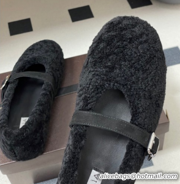 Classic Hot Alaia Ballet Flats in Shearling Wool Black 2026 AL102911 1029147
