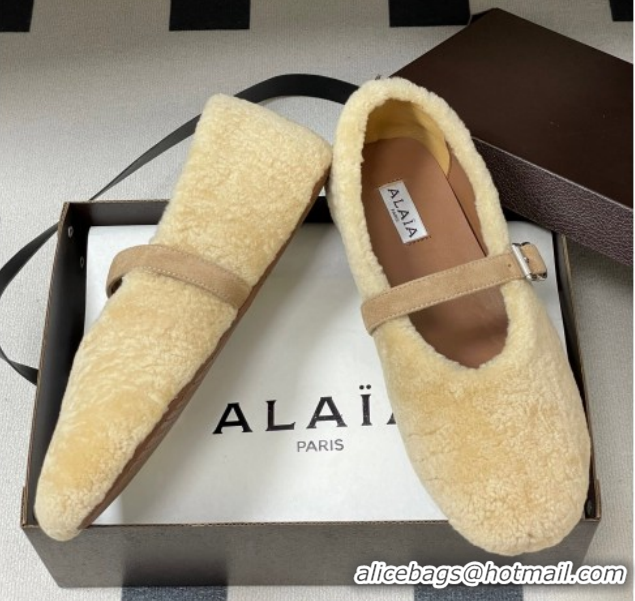 Stylish Alaia Ballet Flats in Shearling Wool Beige 2026 AL102911 1029148