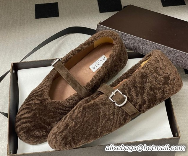 Sumptuous Alaia Ballet Flats in Shearling Wool Chocolate 2026 AL102911 1029150