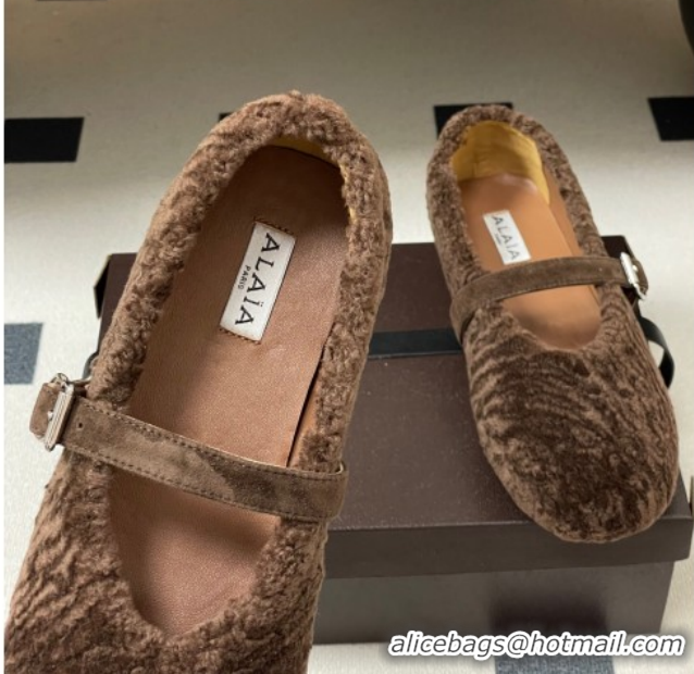 Sumptuous Alaia Ballet Flats in Shearling Wool Chocolate 2026 AL102911 1029150