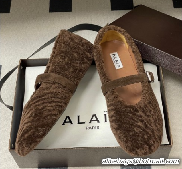 Sumptuous Alaia Ballet Flats in Shearling Wool Chocolate 2026 AL102911 1029150
